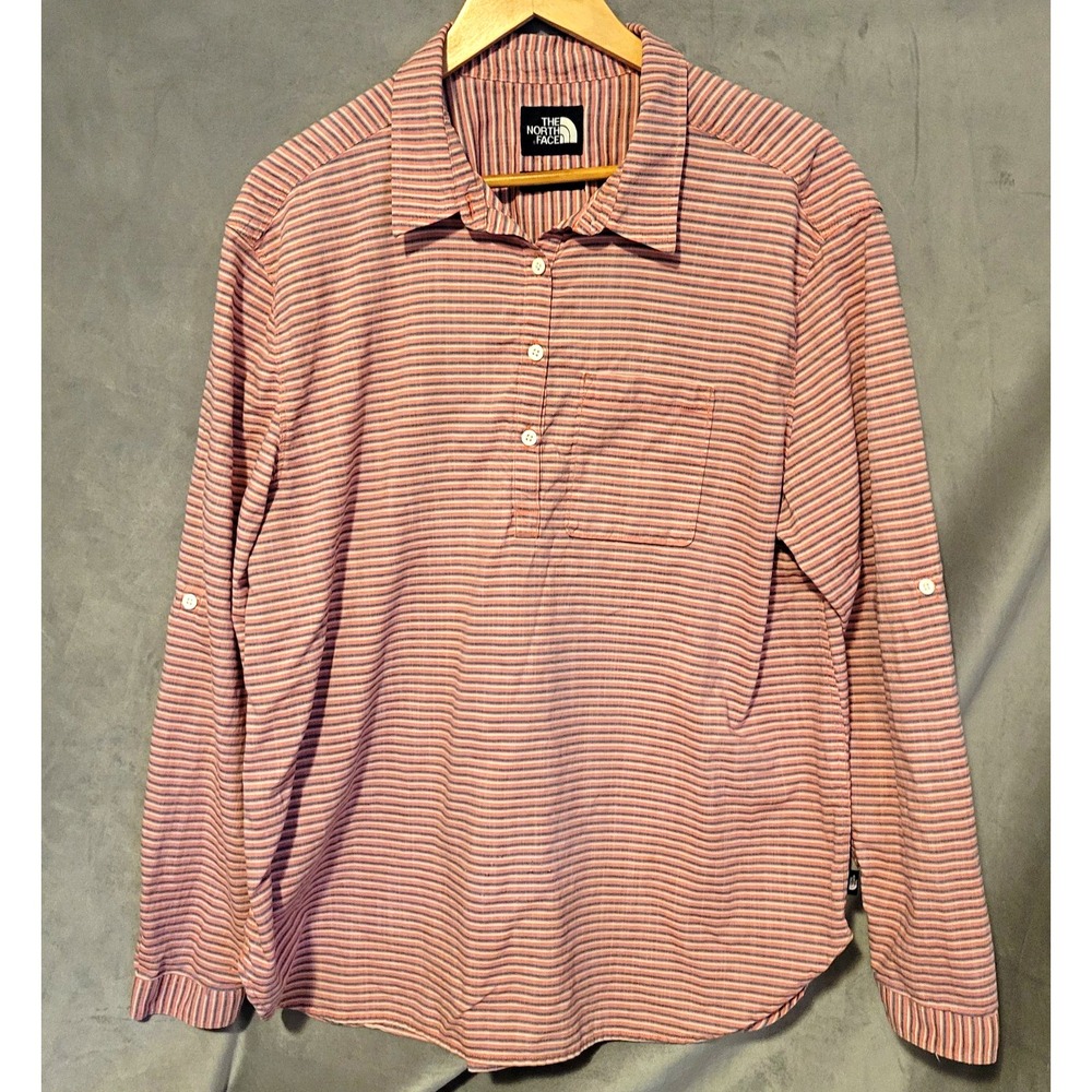 The North Face Women's XL Striped Collared Long Sleeve Polo Button Pocket Pink